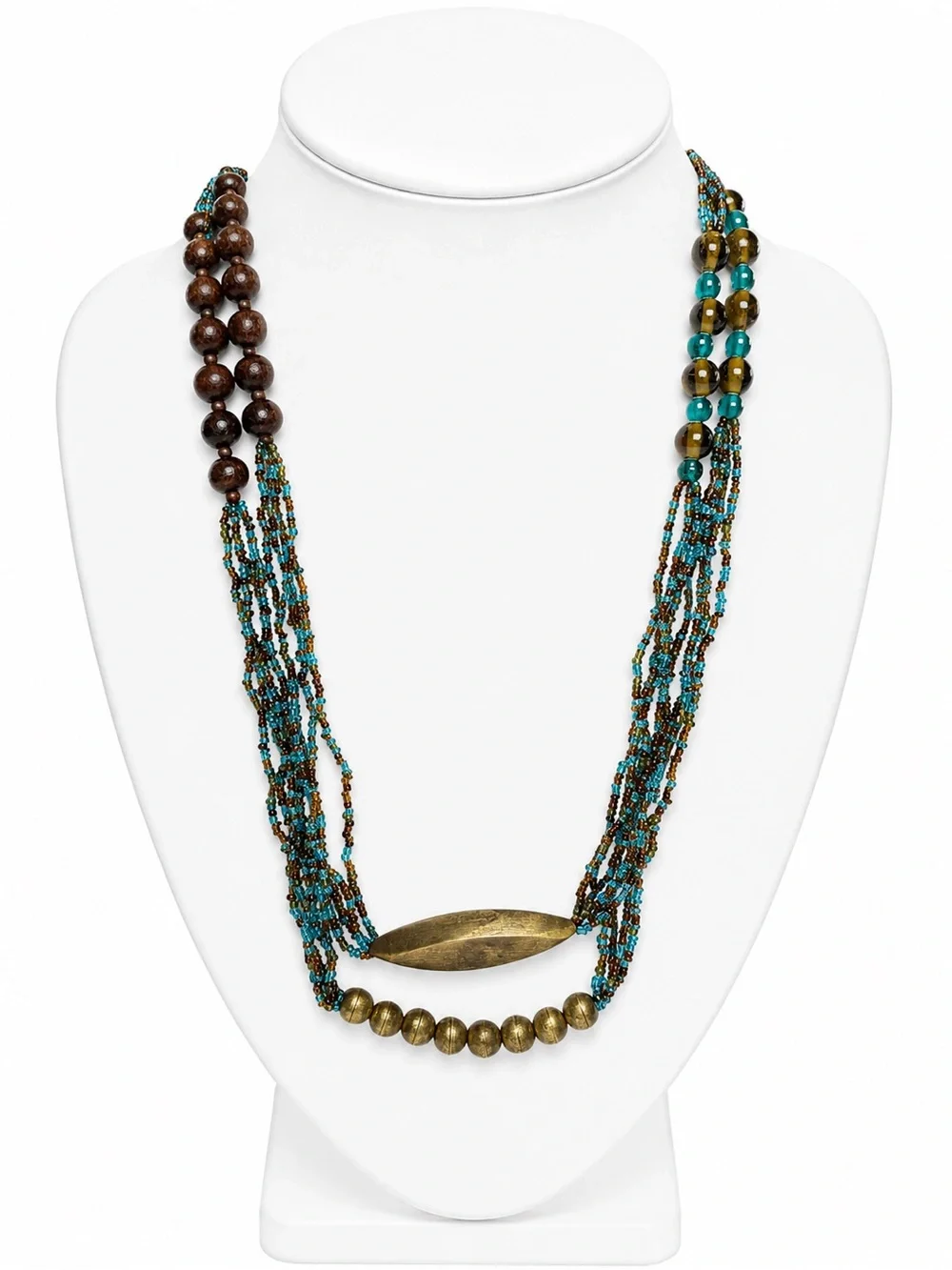Vintage Turquoise & Brown Glass Seed Bead & Wood Long Beaded Necklace